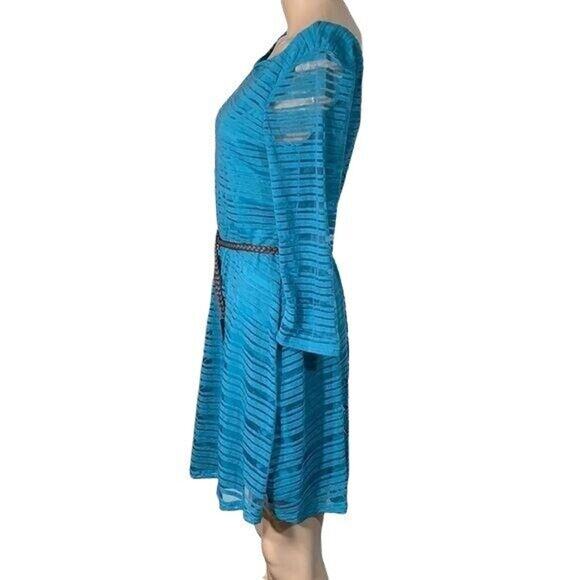 Lily Rose Womens Dress Lightweight Shadow Striped Belted Turquoise Teal Medium - Picture 2 of 9
